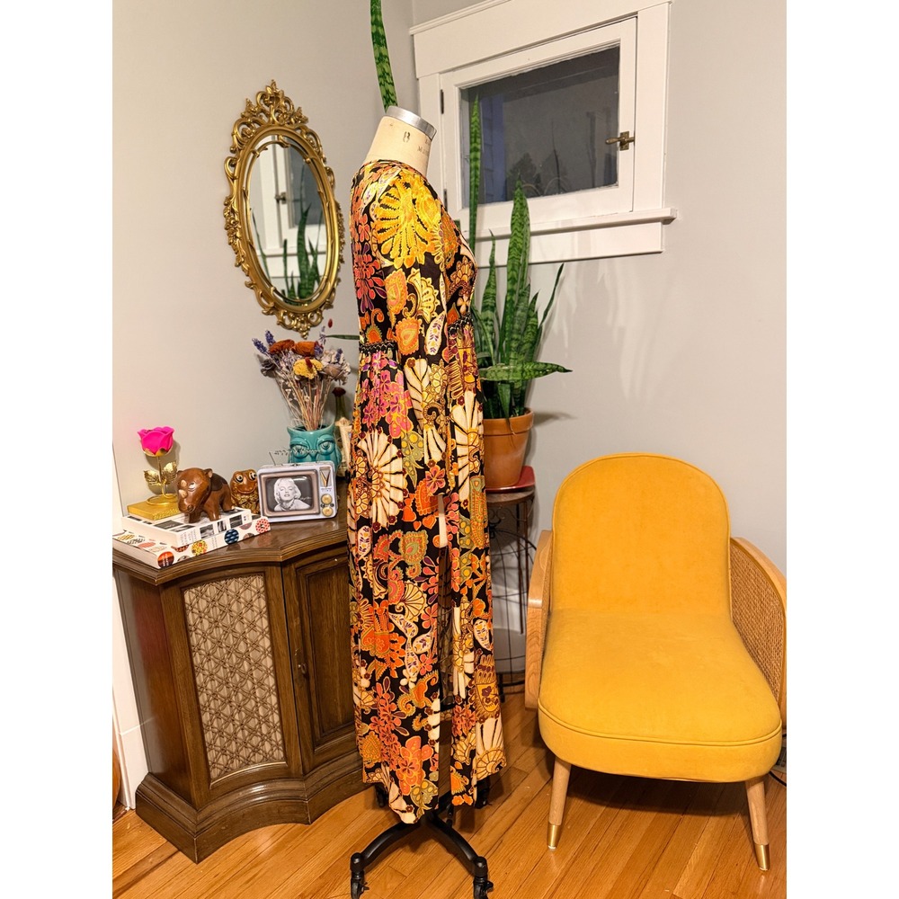Vintage 1970s Maxi Tunic Dress High Slit Satin Boho Floral Print Long Sleeve - M - Picture 8 of 10